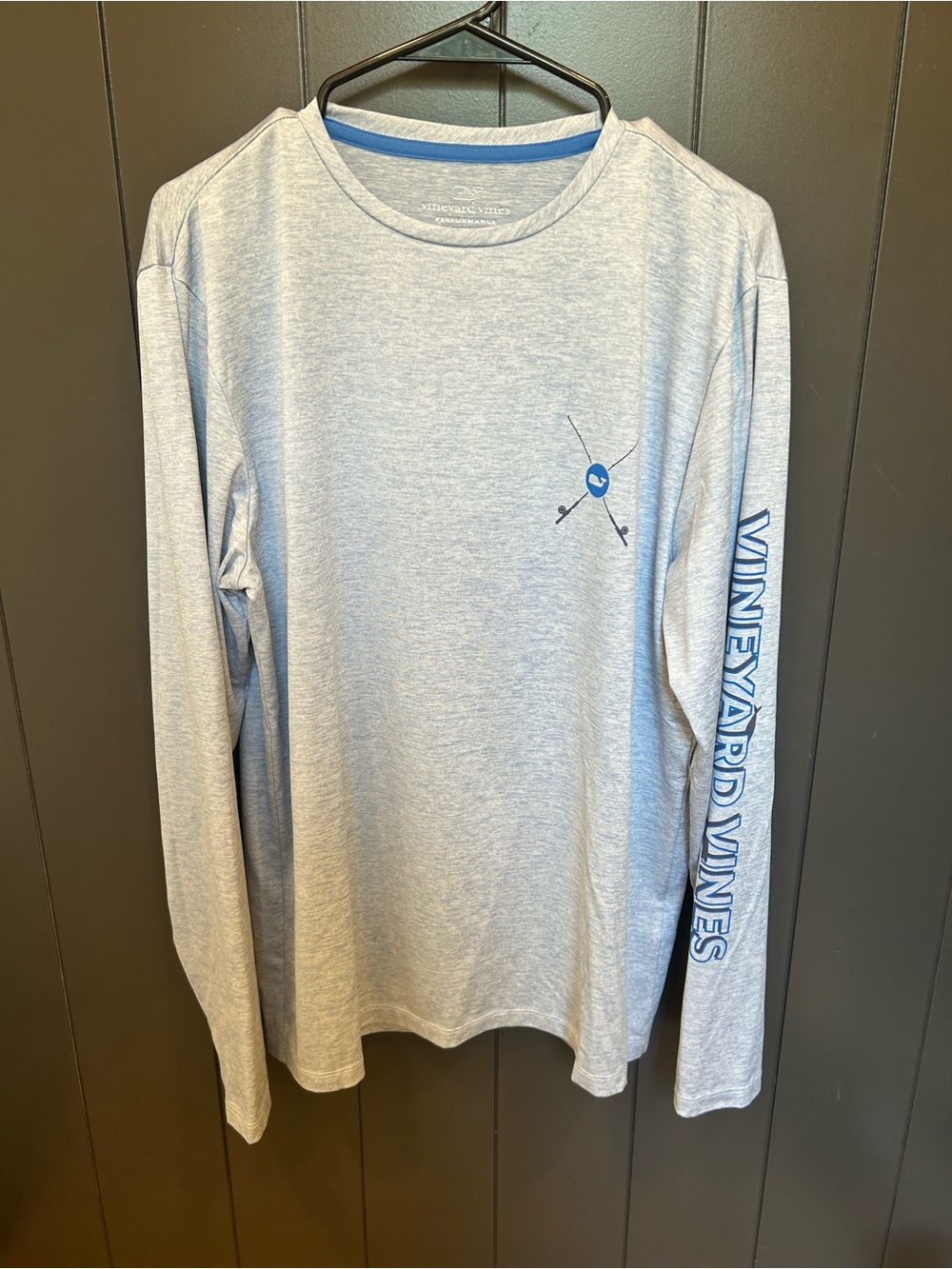 Vineyard Vines Light Gray Long-Sleeve Tee with Blue Logo Sleeve